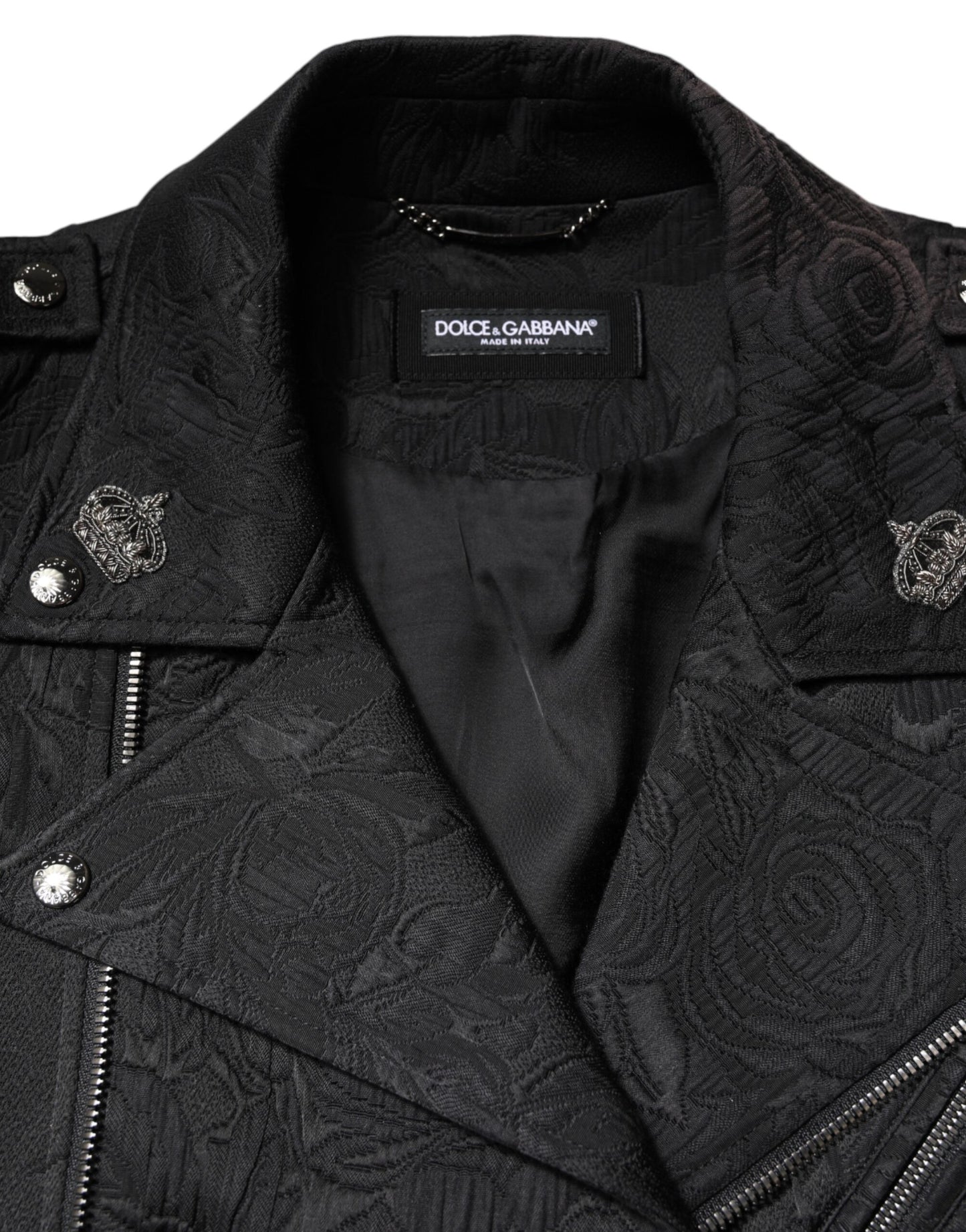 Dolce &amp; Gabbana Black Brocade Cotton Full Zip Biker Jacket
