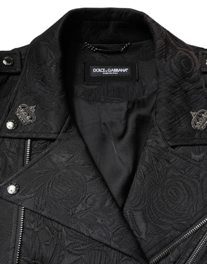 Dolce &amp; Gabbana Black Brocade Cotton Full Zip Biker Jacket