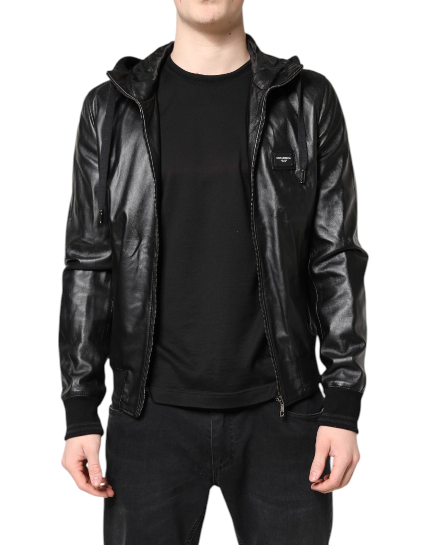 Dolce &amp; Gabbana Black Lambskin Leather Full Zip Biker Jacket
