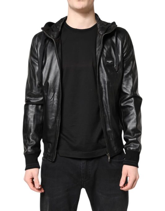 Dolce &amp; Gabbana Black Lambskin Leather Full Zip Biker Jacket