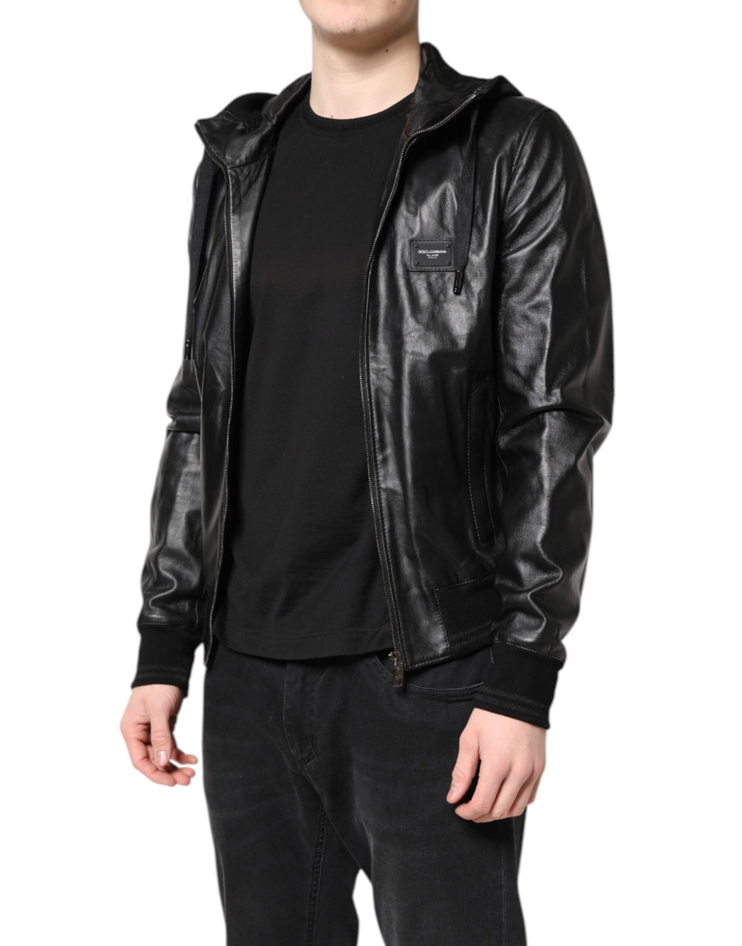 Dolce &amp; Gabbana Black Lambskin Leather Full Zip Biker Jacket