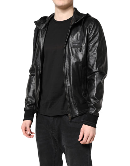 Dolce &amp; Gabbana Black Lambskin Leather Full Zip Biker Jacket