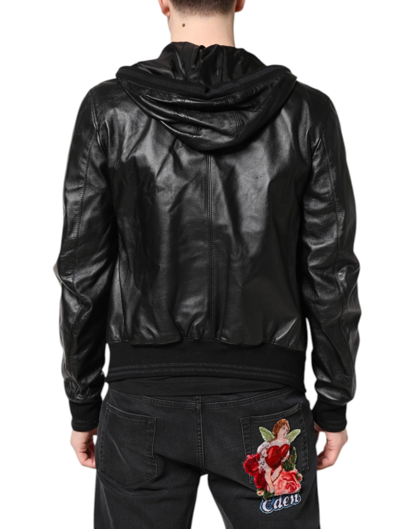 Dolce &amp; Gabbana Black Lambskin Leather Full Zip Biker Jacket