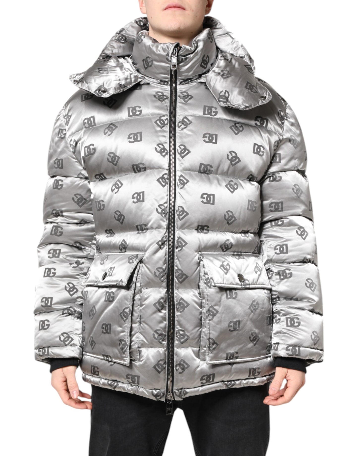 Dolce &amp; Gabbana Silver Logo Full Zip Hooded Quilted Jacket