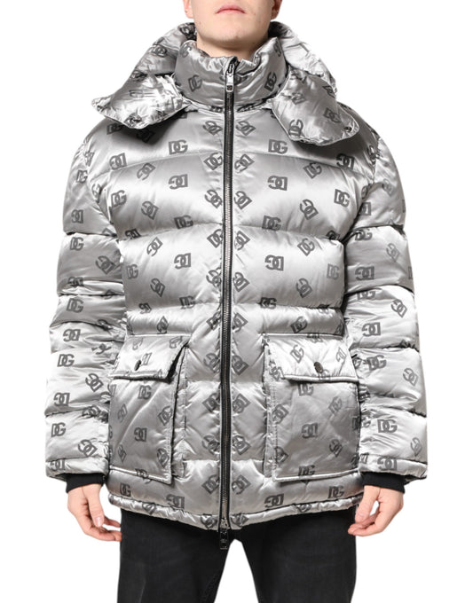Dolce &amp; Gabbana Silver Logo Full Zip Hooded Quilted Jacket