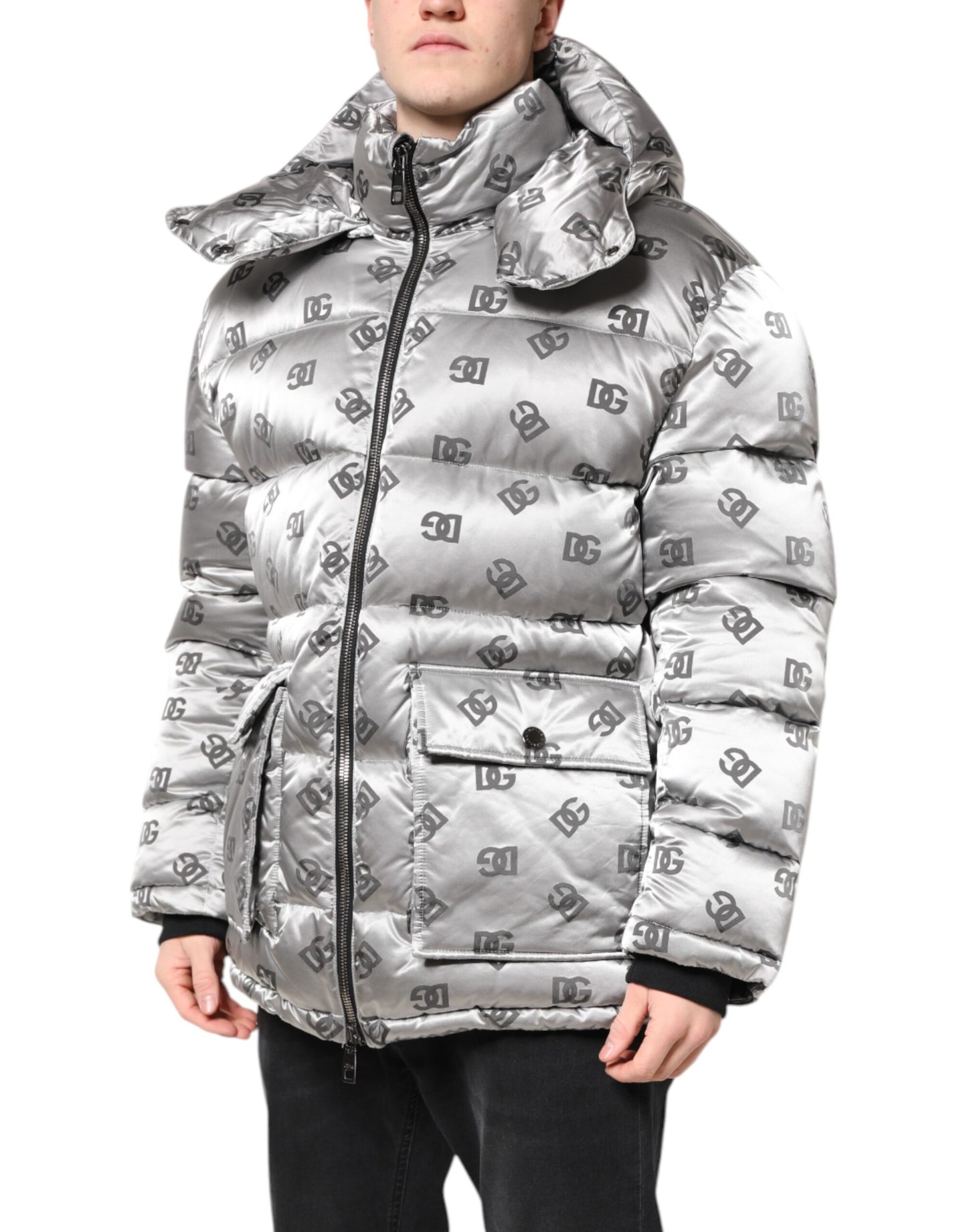 Dolce &amp; Gabbana Silver Logo Full Zip Hooded Quilted Jacket