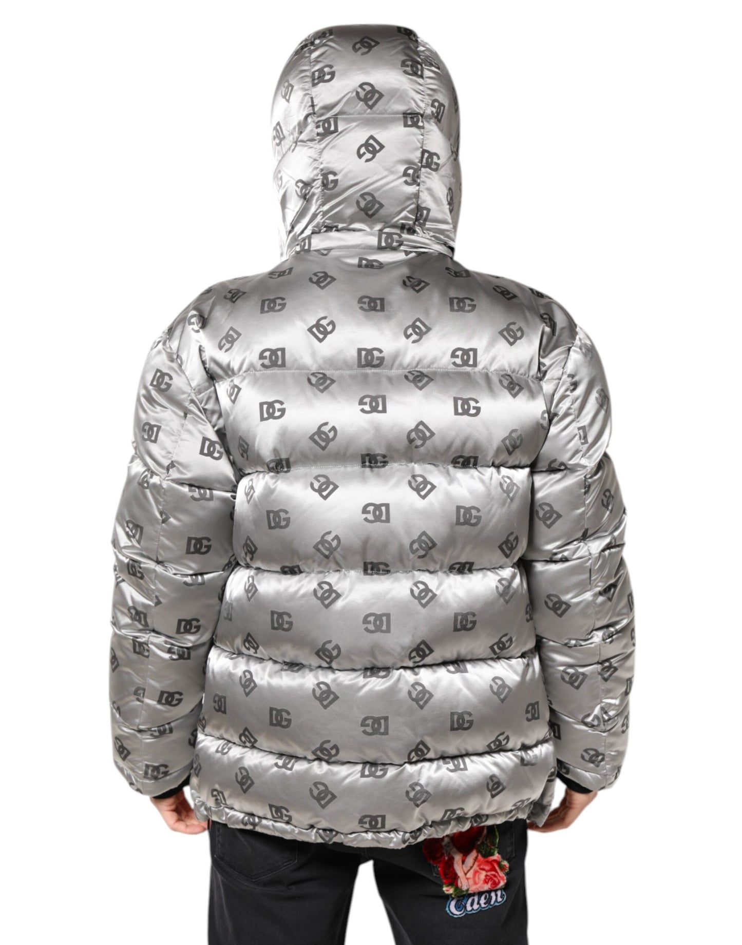 Dolce &amp; Gabbana Silver Logo Full Zip Hooded Quilted Jacket