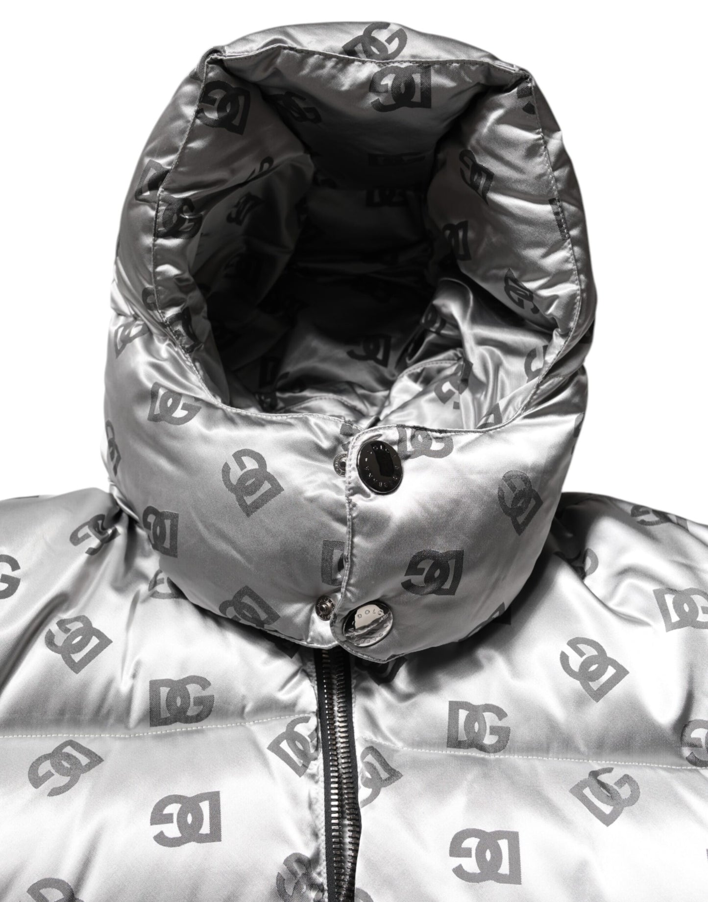 Dolce &amp; Gabbana Silver Logo Full Zip Hooded Quilted Jacket