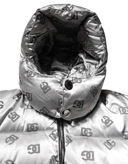 Dolce &amp; Gabbana Silver Logo Full Zip Hooded Quilted Jacket