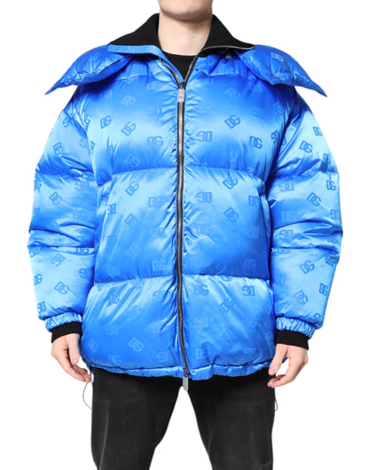 Dolce &amp; Gabbana Blue Logo Full Zip Hooded Quilted Jacket