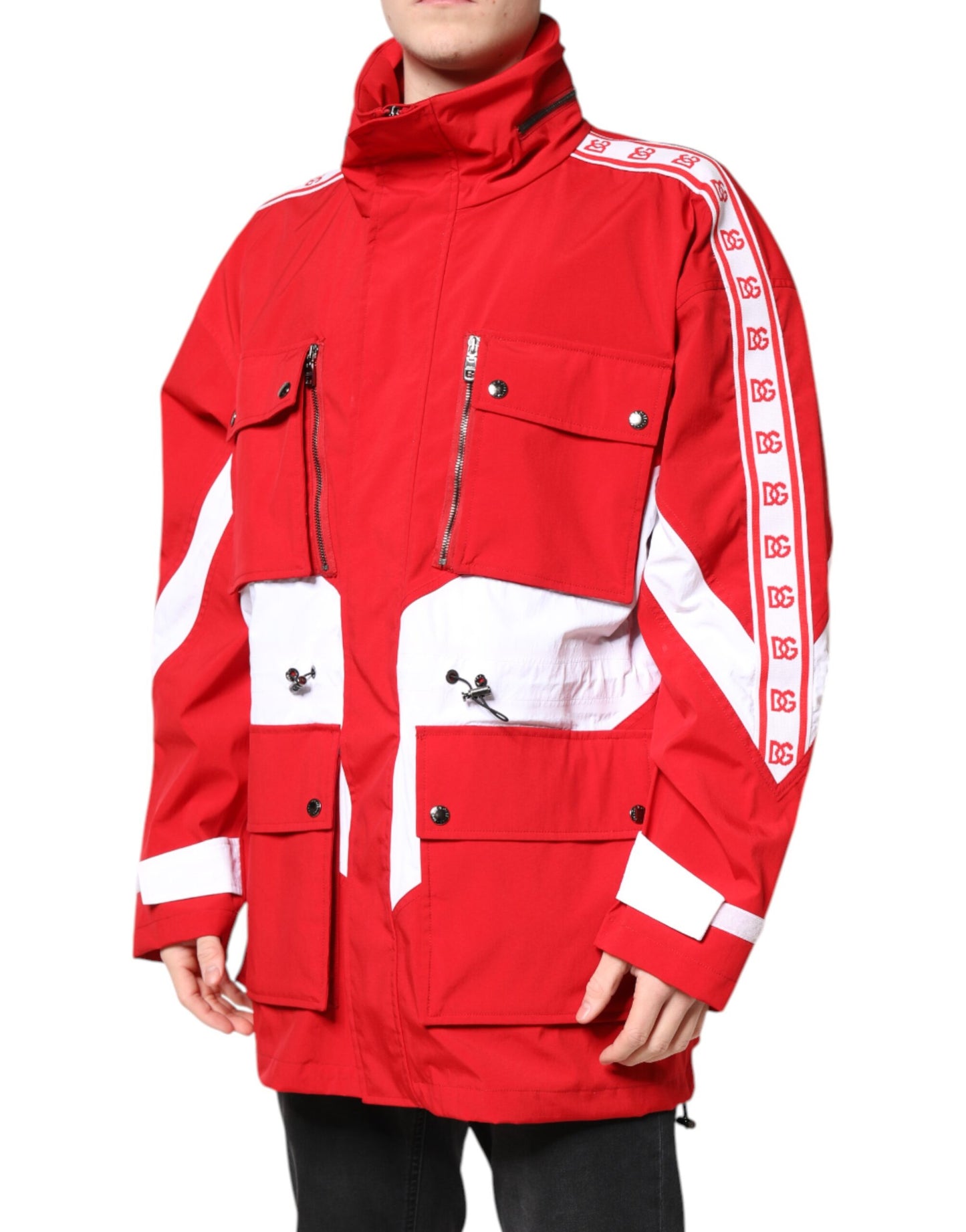 Dolce &amp; Gabbana Red White Nylon Full Zip Windbreaker Jacket