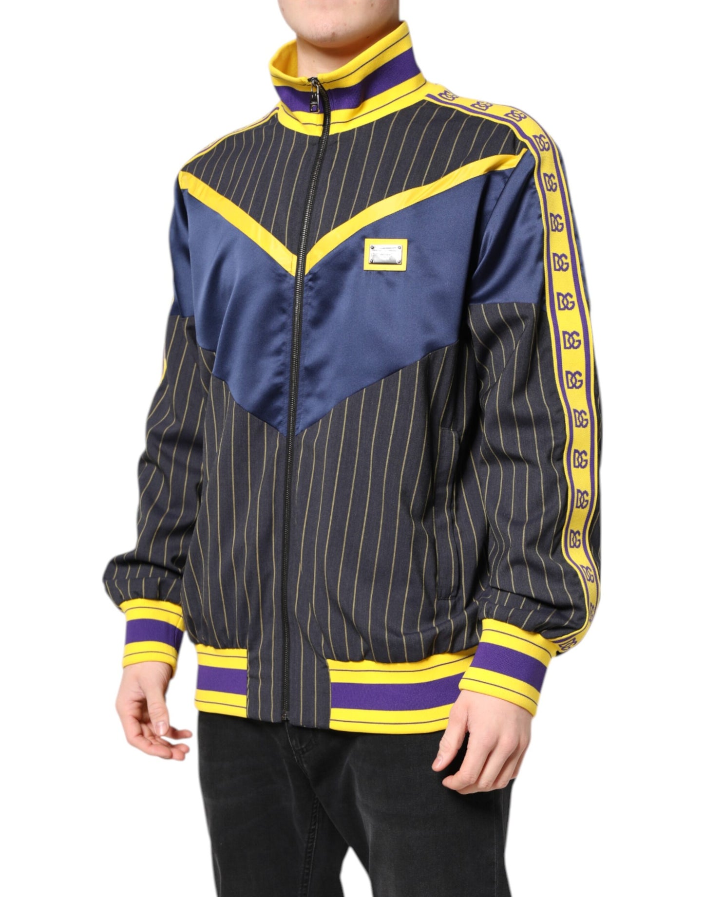 Dolce &amp; Gabbana Black Striped Logo Full Zip Bomber Jacket