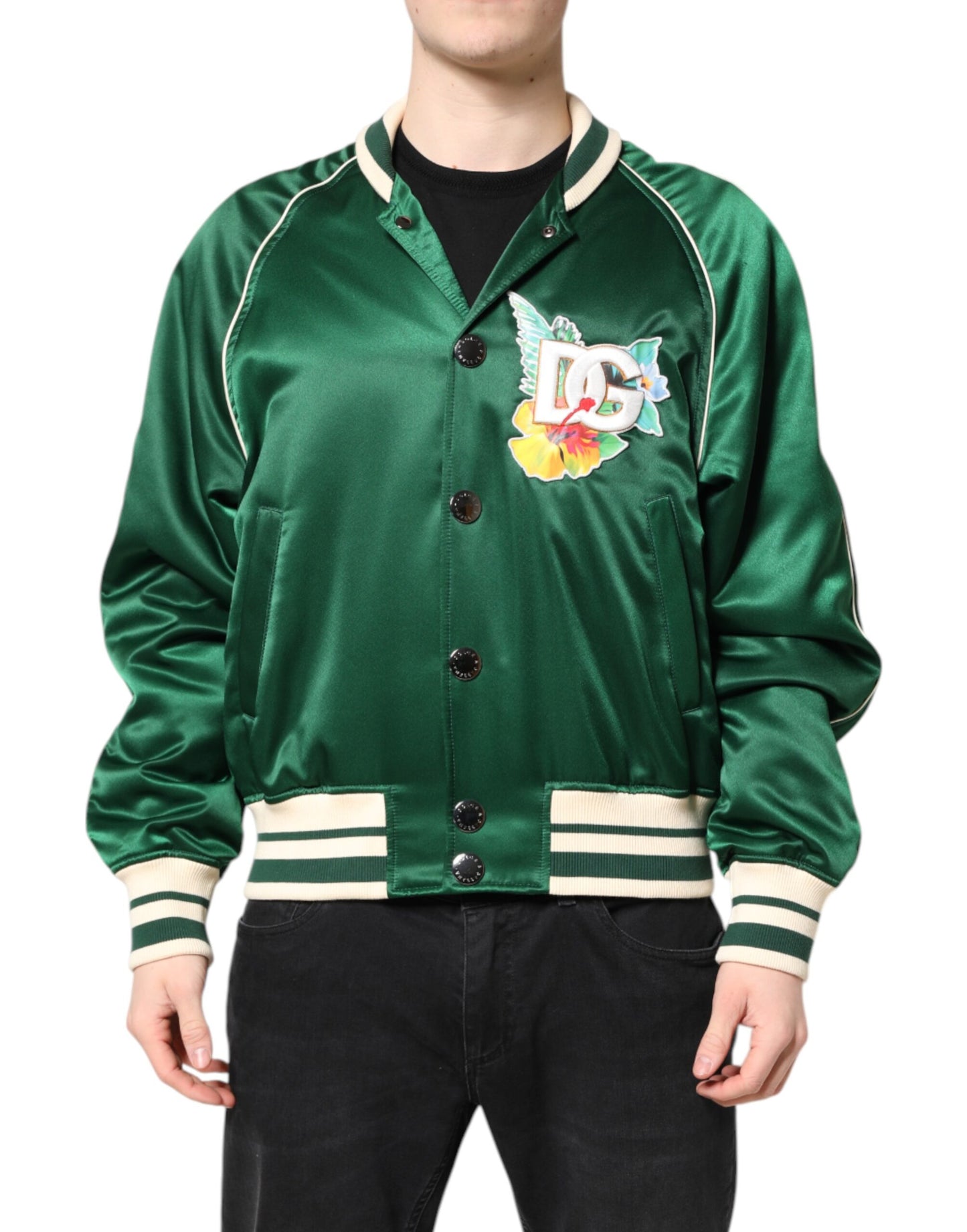 Dolce &amp; Gabbana Green Floral DG Logo Full Zip Bomber Jacket
