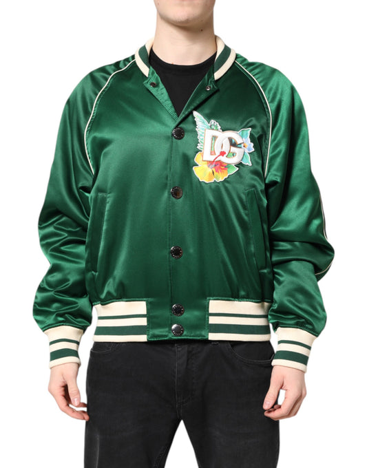 Dolce &amp; Gabbana Green Floral DG Logo Full Zip Bomber Jacket