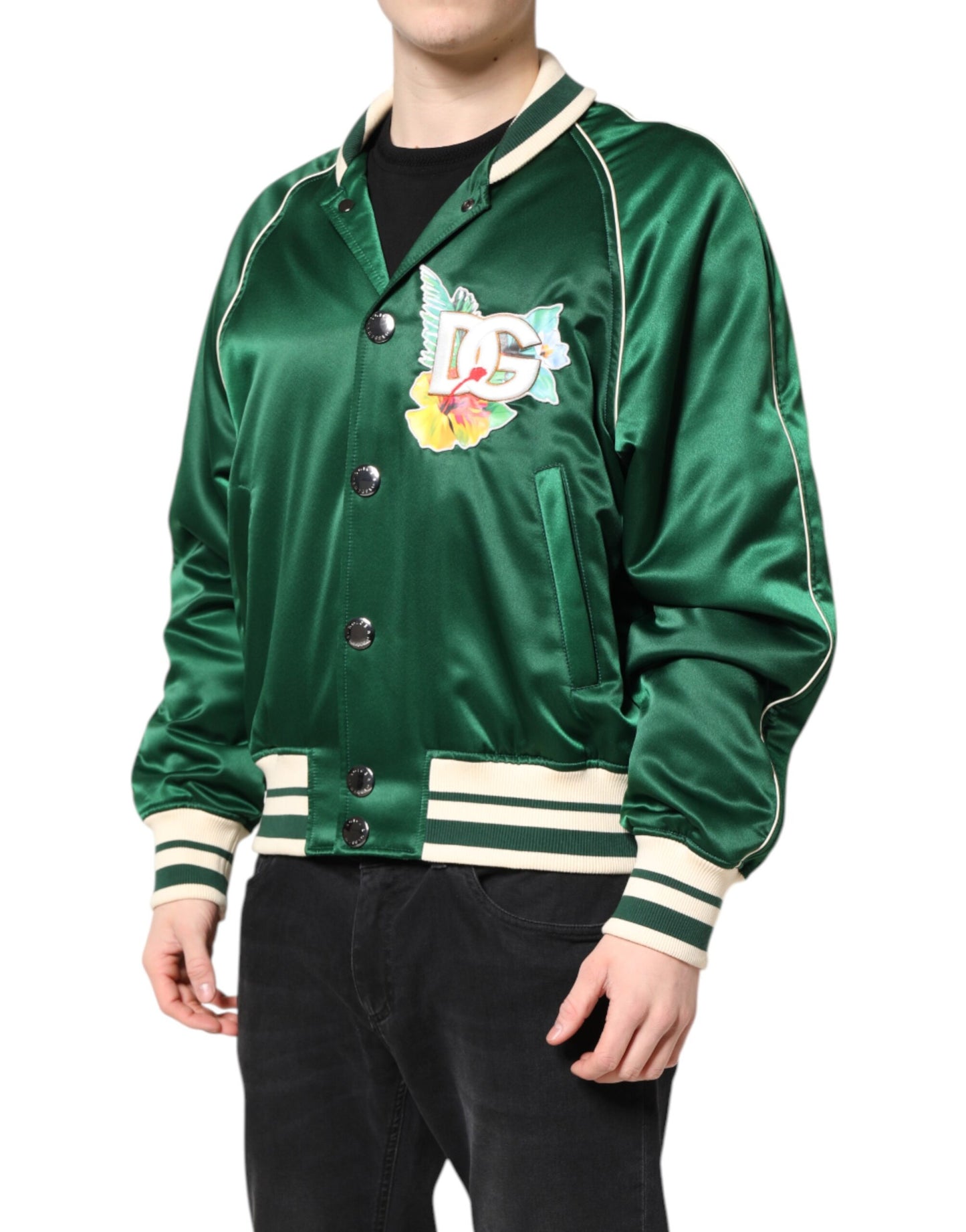 Dolce &amp; Gabbana Green Floral DG Logo Full Zip Bomber Jacket