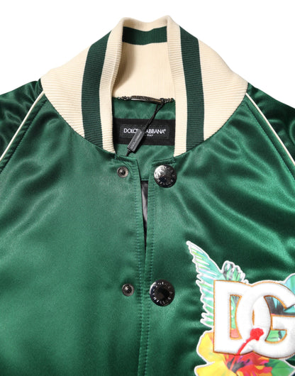 Dolce &amp; Gabbana Green Floral DG Logo Full Zip Bomber Jacket