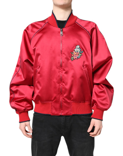 Dolce &amp; Gabbana Red Floral Patch Full Zip Men Bomber Jacket