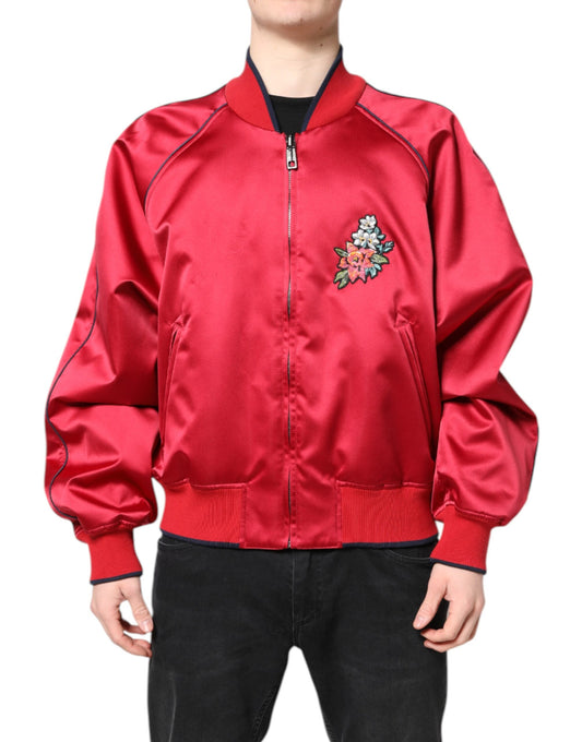 Dolce &amp; Gabbana Red Floral Patch Full Zip Men Bomber Jacket