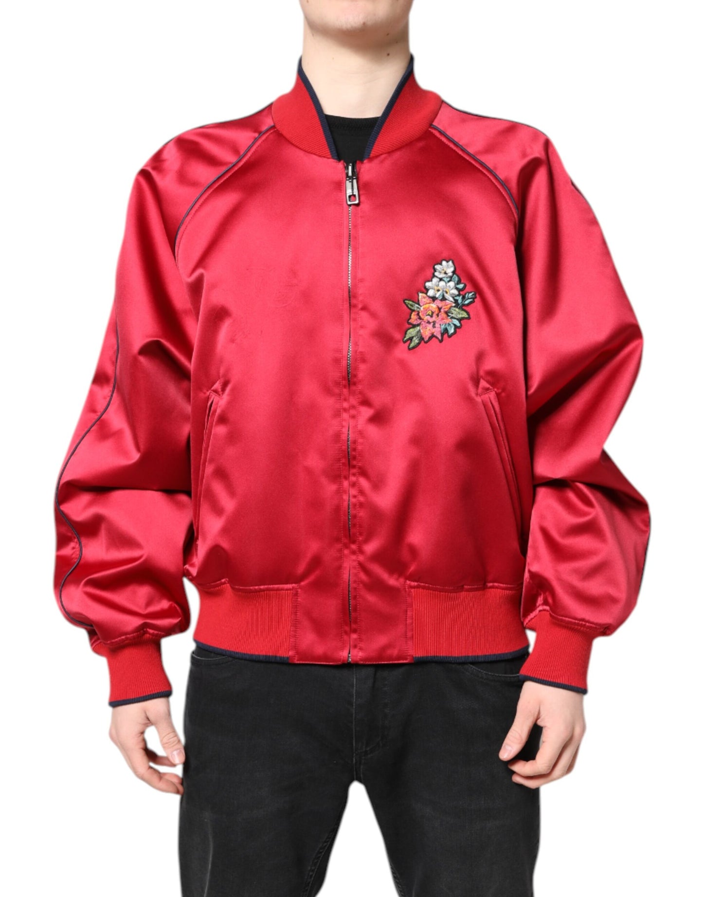 Dolce &amp; Gabbana Red Floral Patch Full Zip Men Bomber Jacket