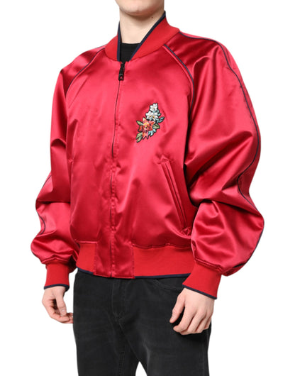 Dolce &amp; Gabbana Red Floral Patch Full Zip Men Bomber Jacket