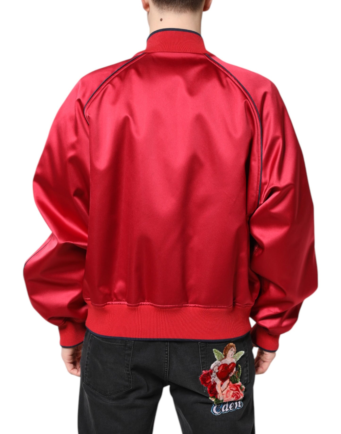 Dolce &amp; Gabbana Red Floral Patch Full Zip Men Bomber Jacket
