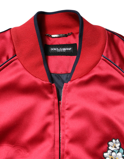 Dolce &amp; Gabbana Red Floral Patch Full Zip Men Bomber Jacket