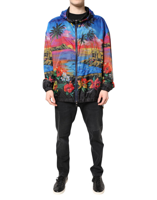 Dolce &amp; Gabbana Multicolor Print Hooded Windbreaker Jacket