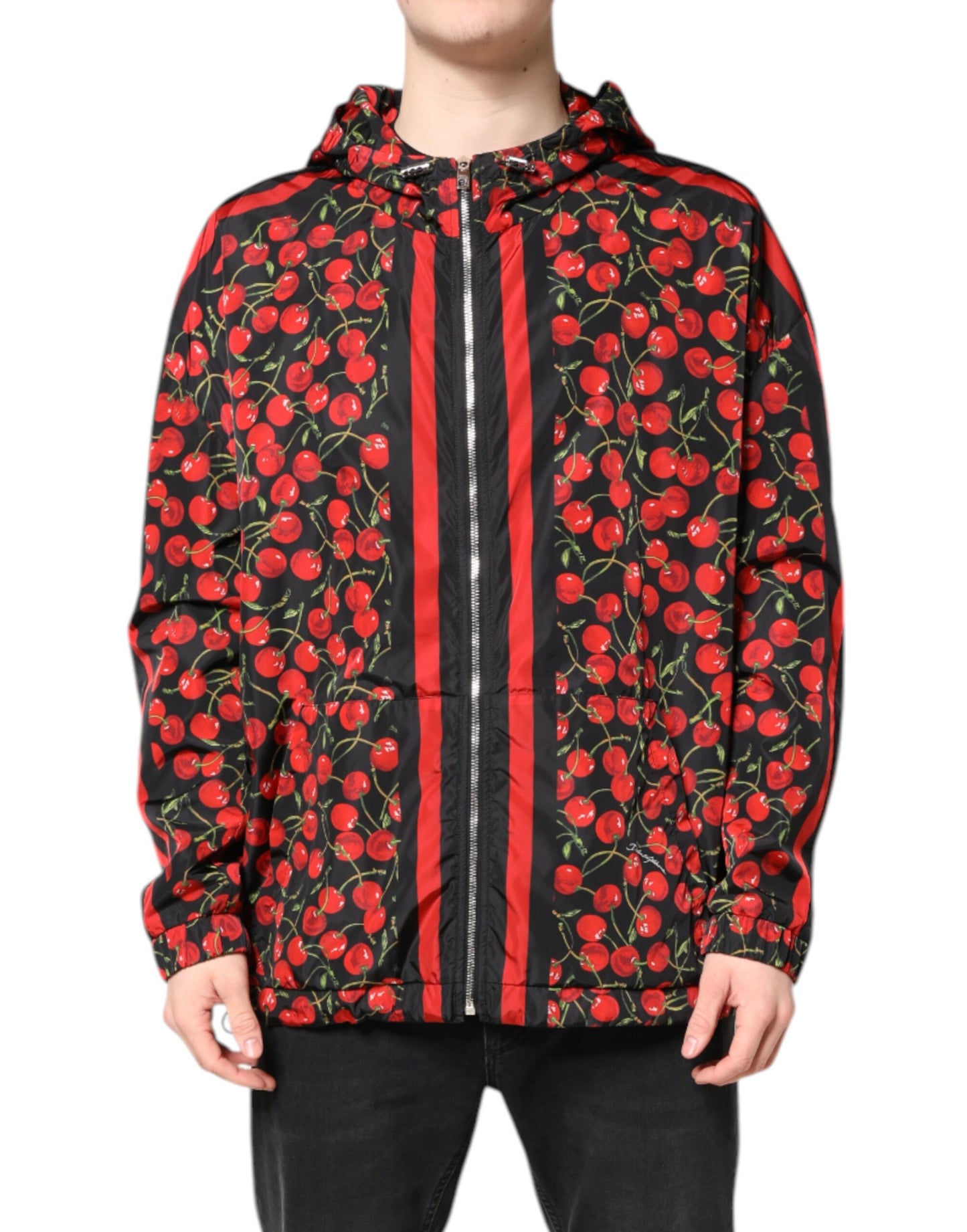 Dolce &amp; Gabbana Black Cherry Print Hooded Windbreaker Jacket