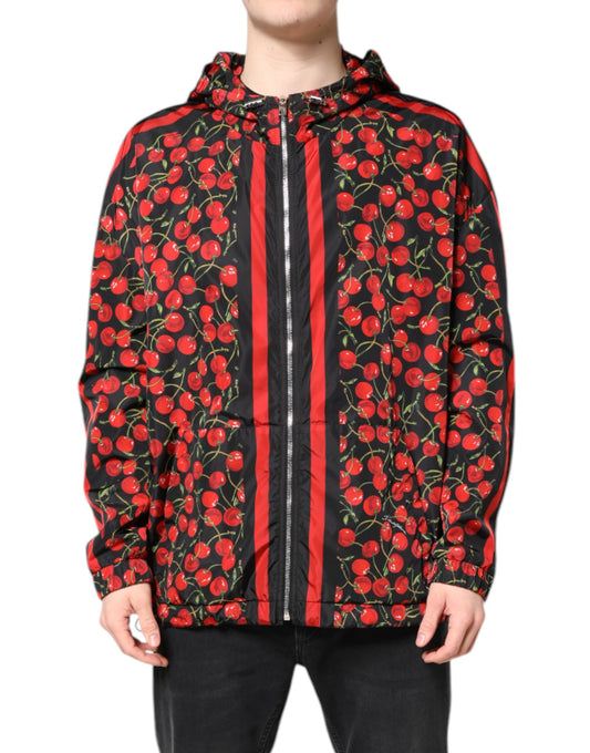 Dolce &amp; Gabbana Black Cherry Print Hooded Windbreaker Jacket