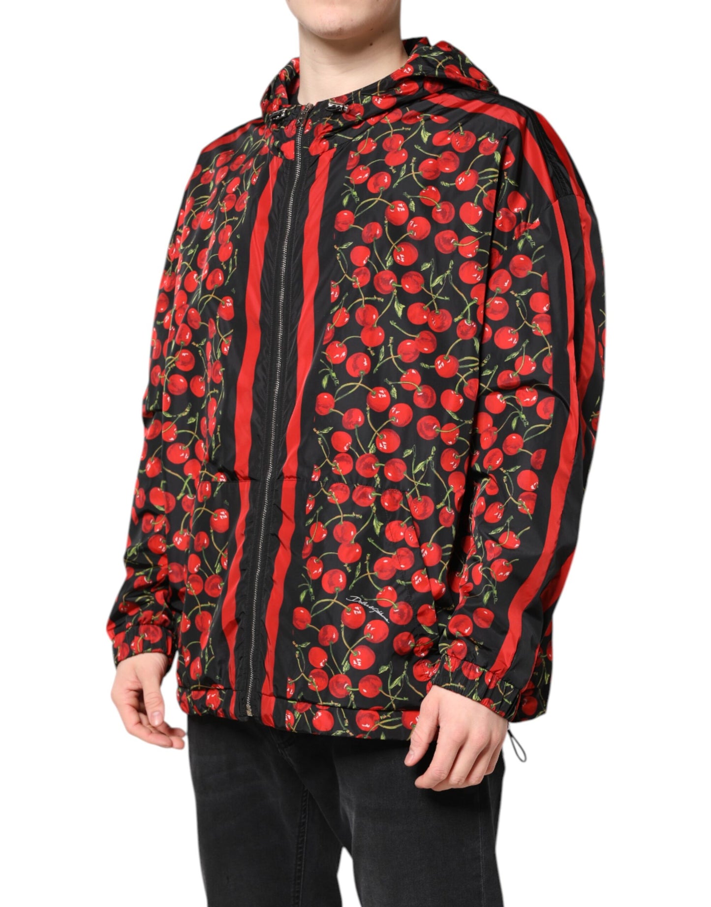 Dolce &amp; Gabbana Black Cherry Print Hooded Windbreaker Jacket