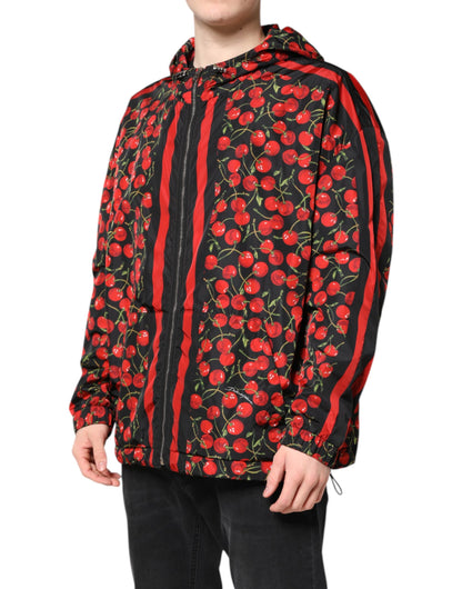 Dolce &amp; Gabbana Black Cherry Print Hooded Windbreaker Jacket