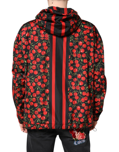 Dolce &amp; Gabbana Black Cherry Print Hooded Windbreaker Jacket