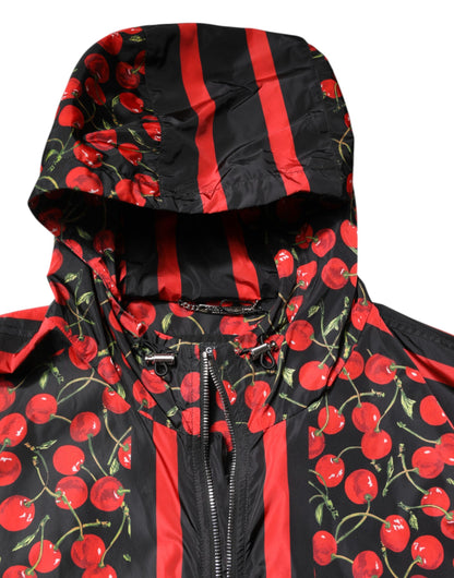 Dolce &amp; Gabbana Black Cherry Print Hooded Windbreaker Jacket