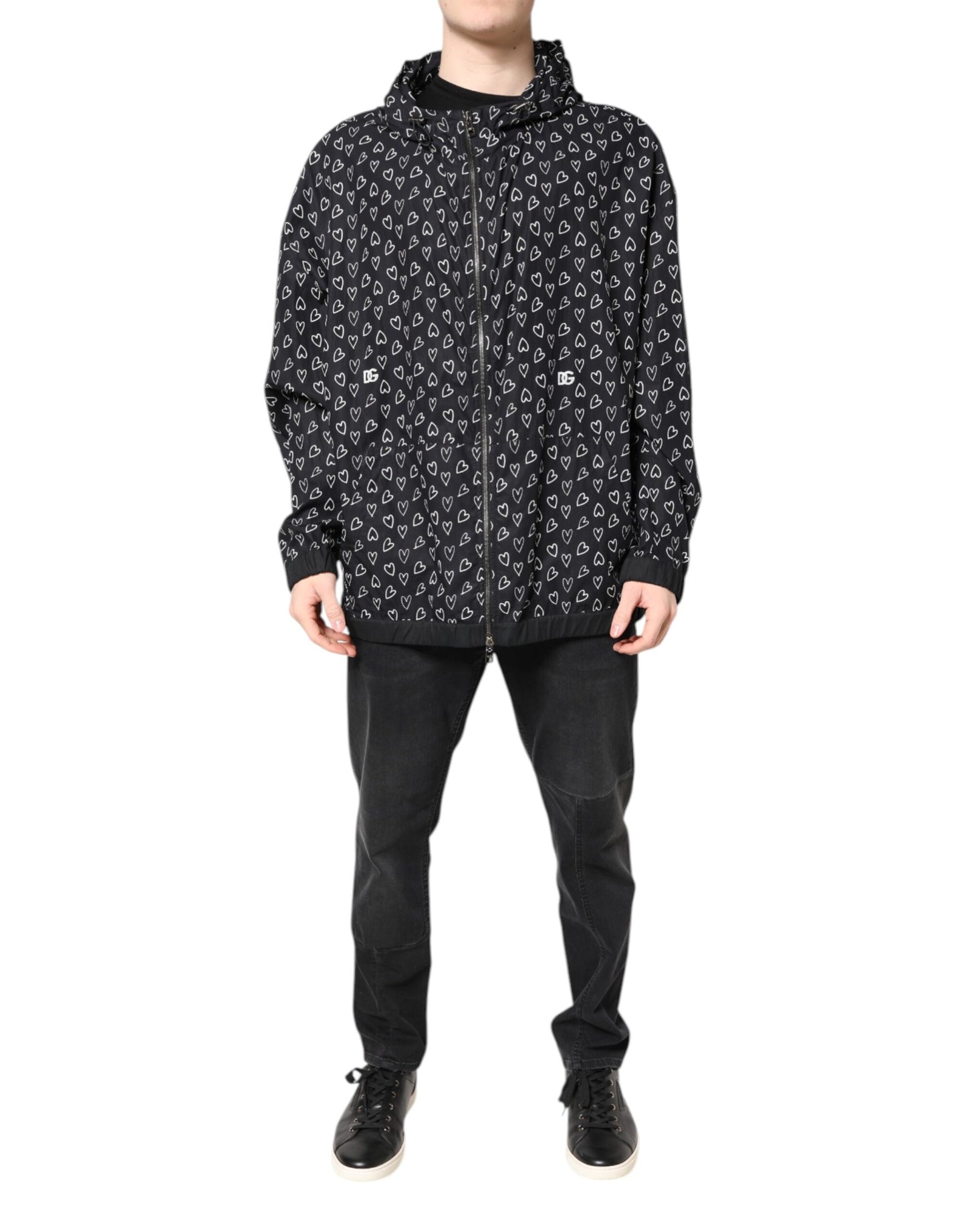 Dolce &amp; Gabbana Black Heart Print Hooded Windbreaker Jacket