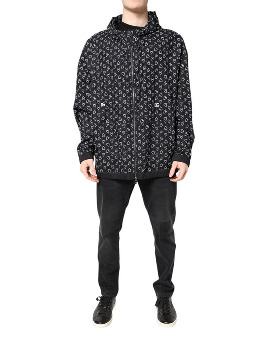 Dolce &amp; Gabbana Black Heart Print Hooded Windbreaker Jacket