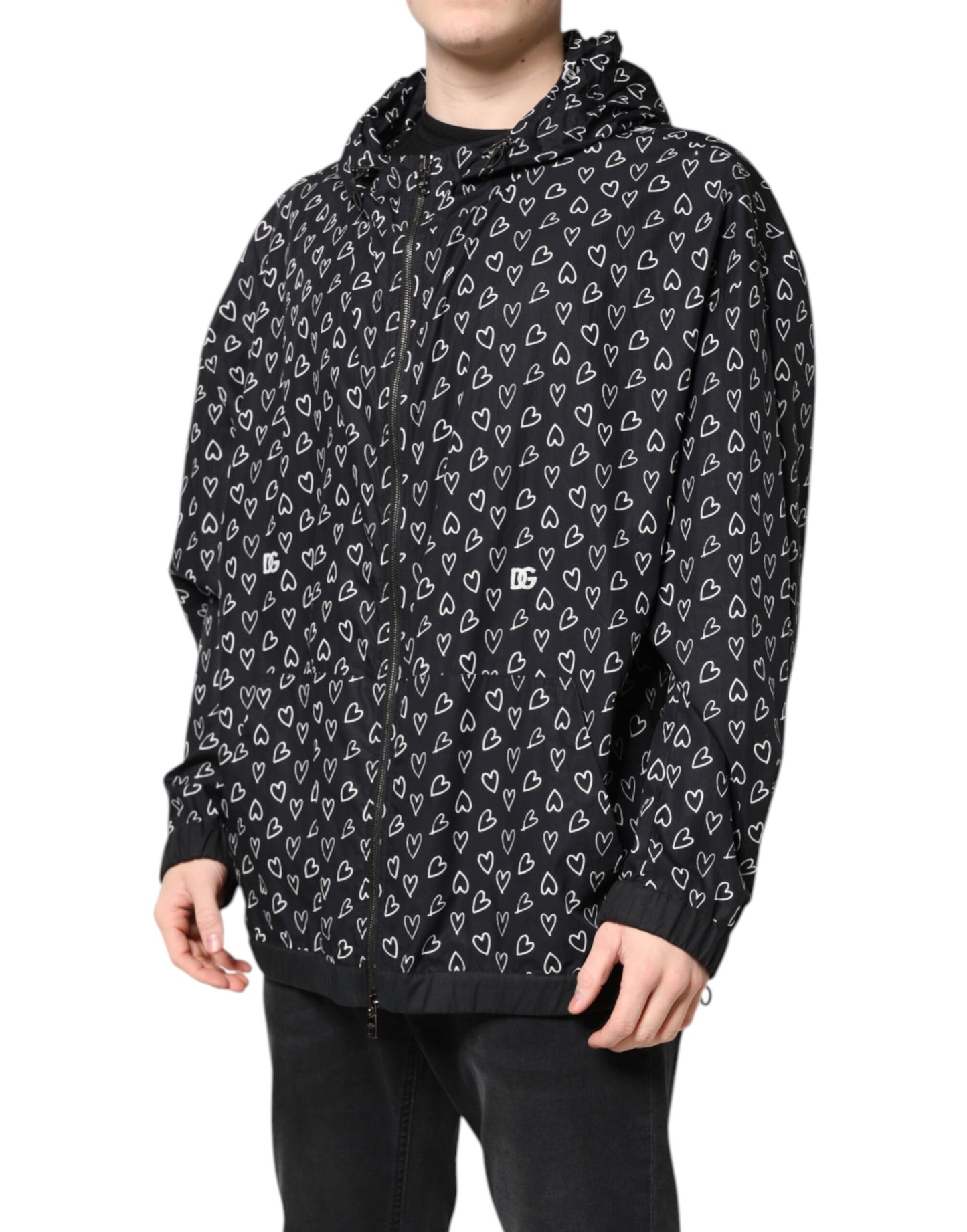 Dolce &amp; Gabbana Black Heart Print Hooded Windbreaker Jacket