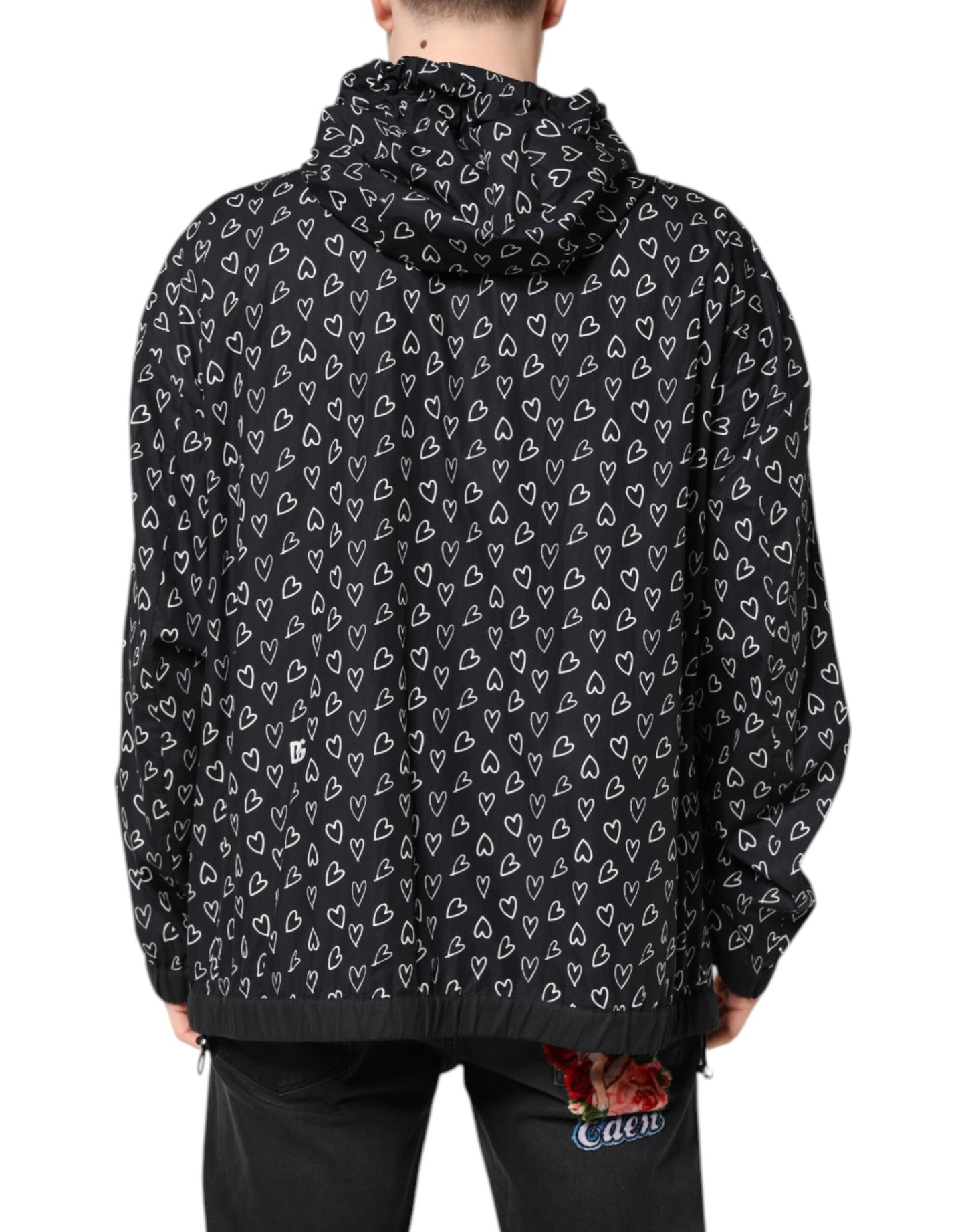 Dolce &amp; Gabbana Black Heart Print Hooded Windbreaker Jacket
