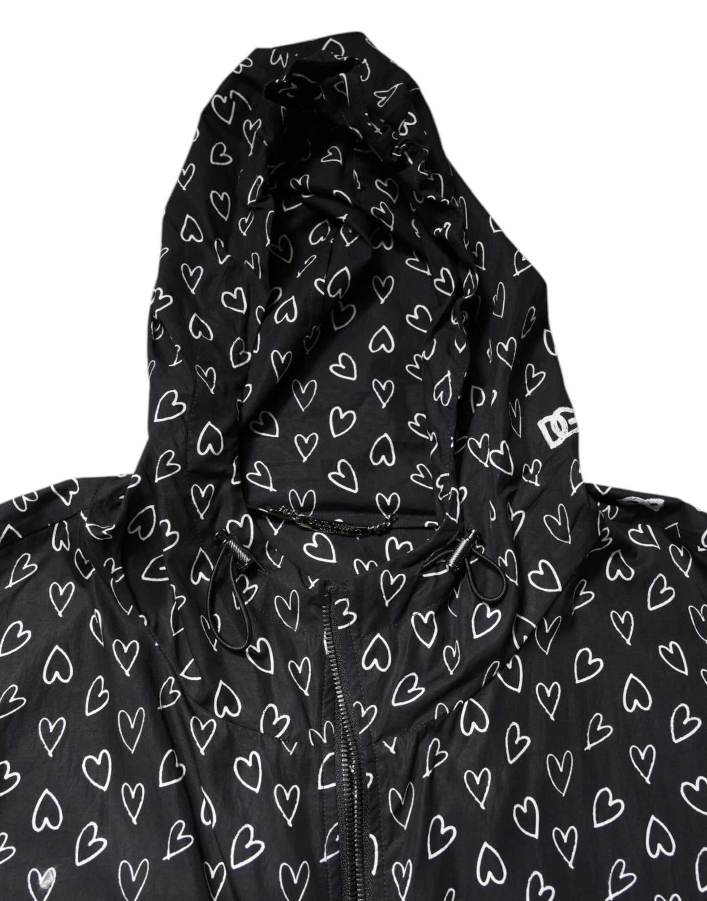 Dolce &amp; Gabbana Black Heart Print Hooded Windbreaker Jacket