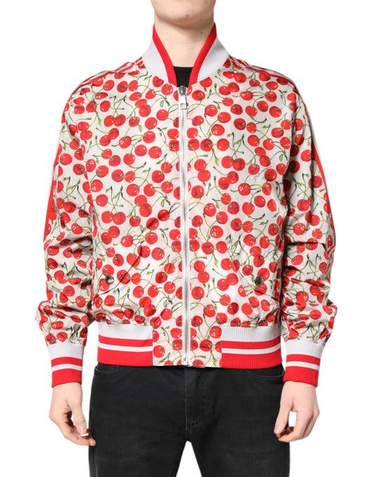 Dolce &amp; Gabbana White Cherry Print Full Zip Bomber Jacket