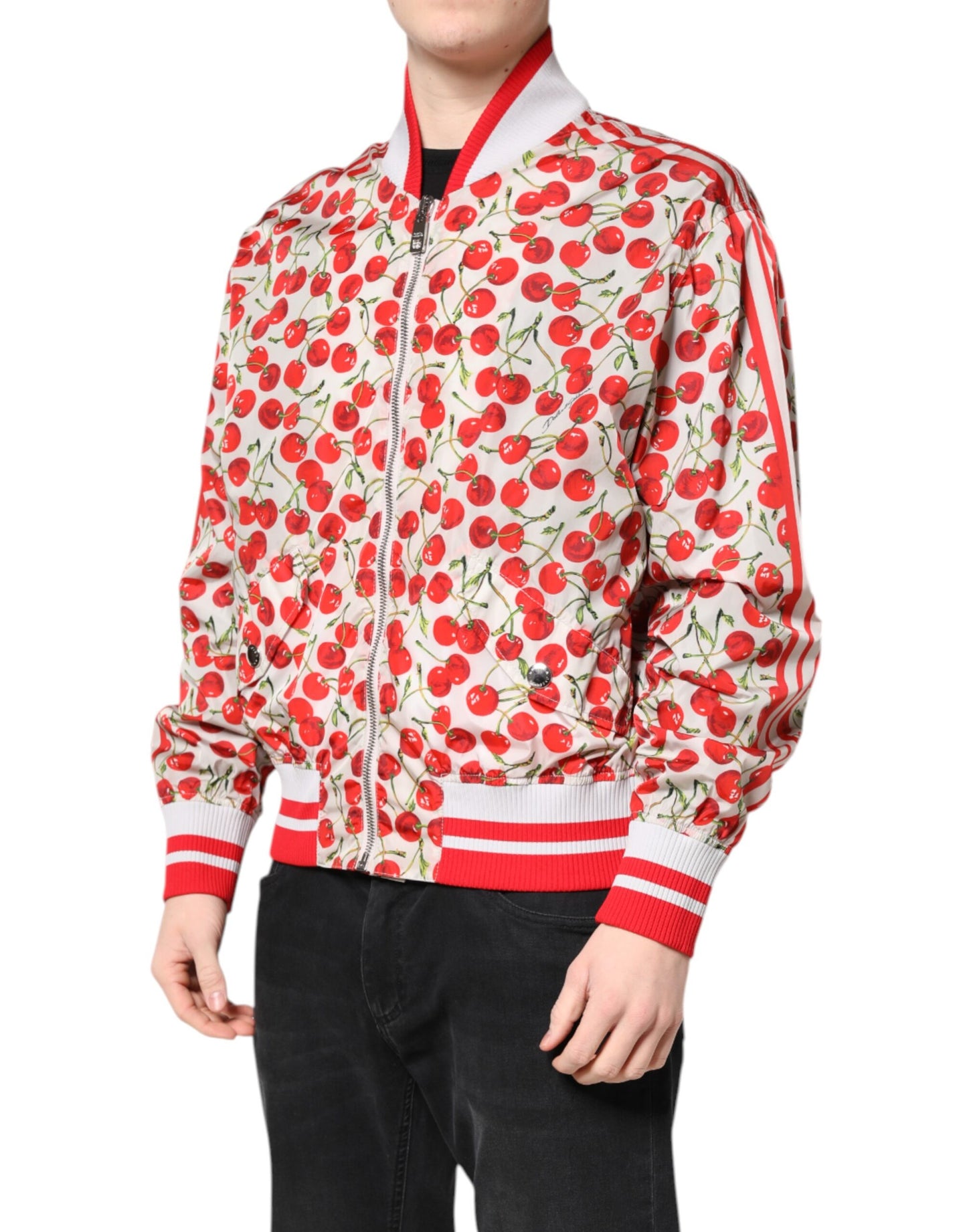 Dolce &amp; Gabbana White Cherry Print Full Zip Bomber Jacket