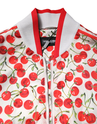 Dolce &amp; Gabbana White Cherry Print Full Zip Bomber Jacket