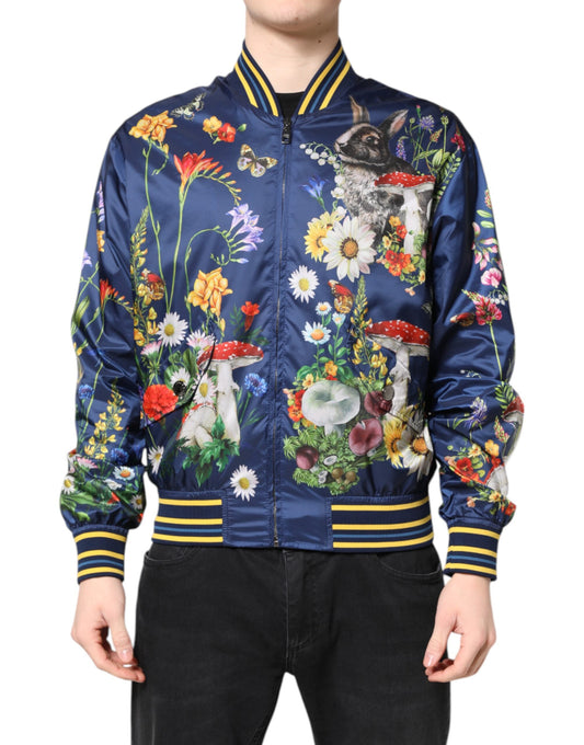 Dolce &amp; Gabbana Blue Polyester Floral Print Bomber Jacket