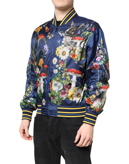 Dolce &amp; Gabbana Blue Polyester Floral Print Bomber Jacket