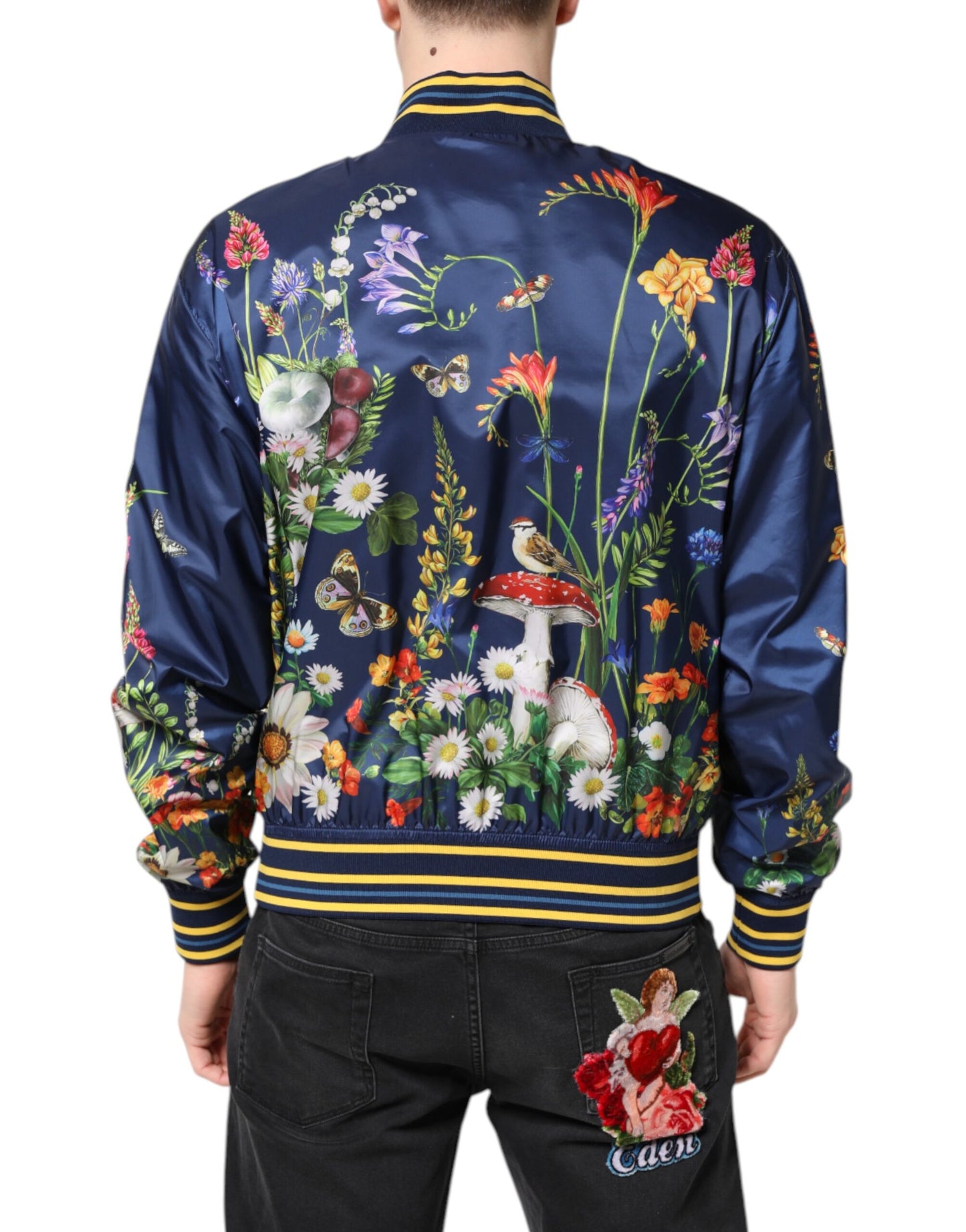 Dolce &amp; Gabbana Blue Polyester Floral Print Bomber Jacket