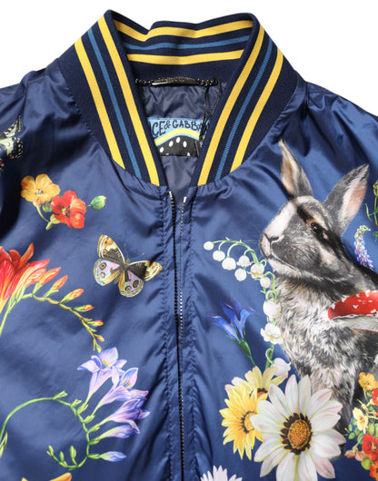 Dolce &amp; Gabbana Blue Polyester Floral Print Bomber Jacket