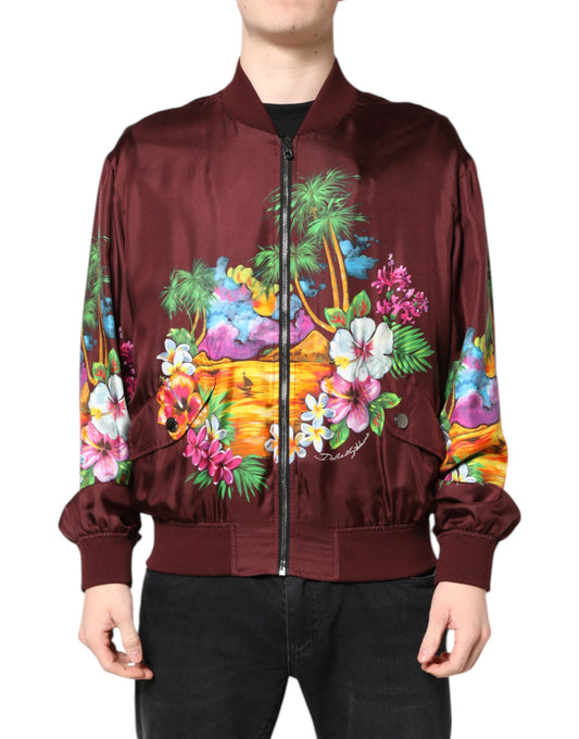 Dolce &amp; Gabbana Maroon Floral Print Full Zip Bomber Jacket