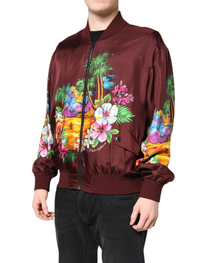 Dolce &amp; Gabbana Maroon Floral Print Full Zip Bomber Jacket
