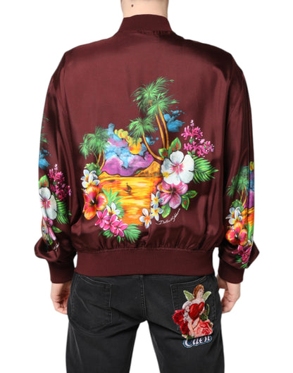 Dolce &amp; Gabbana Maroon Floral Print Full Zip Bomber Jacket