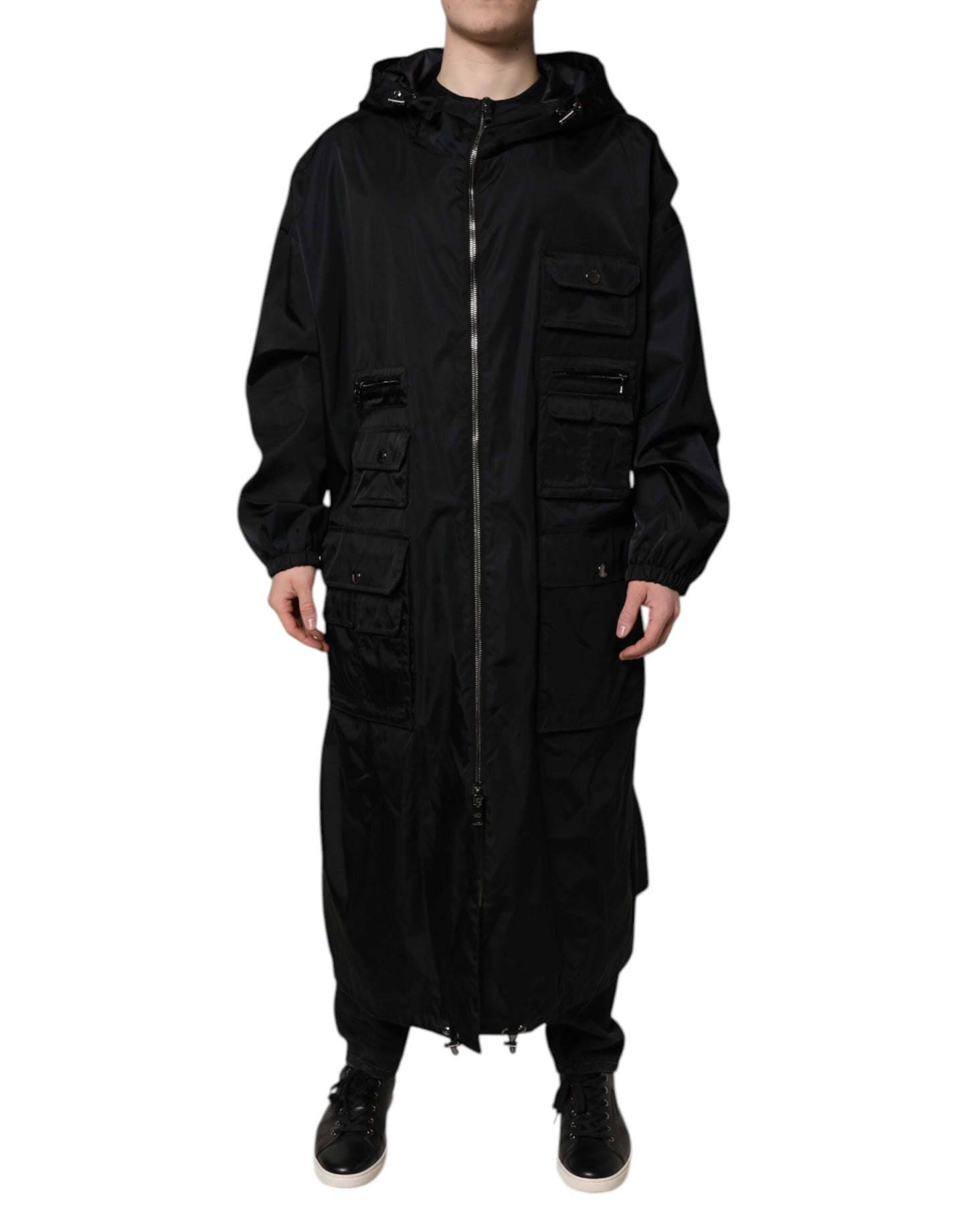 Dolce &amp; Gabbana Black Hooded Long Men Windbreaker Jacket