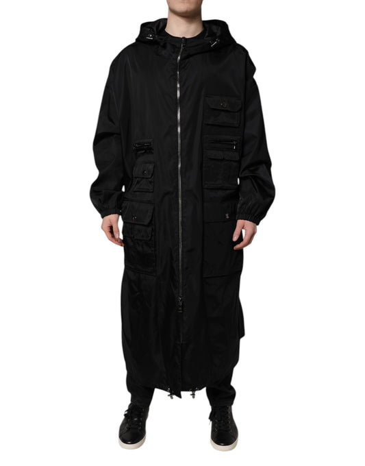 Dolce &amp; Gabbana Black Hooded Long Men Windbreaker Jacket